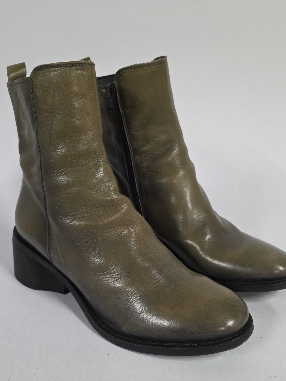 Moma Women’s Italian Leather Agnes Olive Ankle Boots - Side Zipper, Size 9 - 9.5